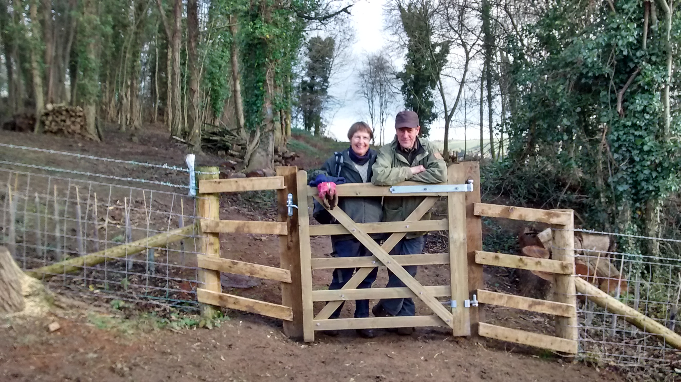 Newly completed fencing and gate at Elliker Wood, East Keswick